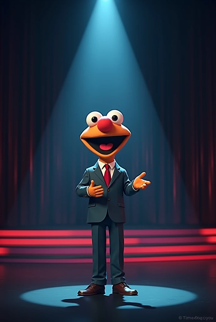 Could you create a stage for a paper-drawn style muppet with a dark background and a presentation bar that divides half the screen as a news anchor without the character in tik tok format please?