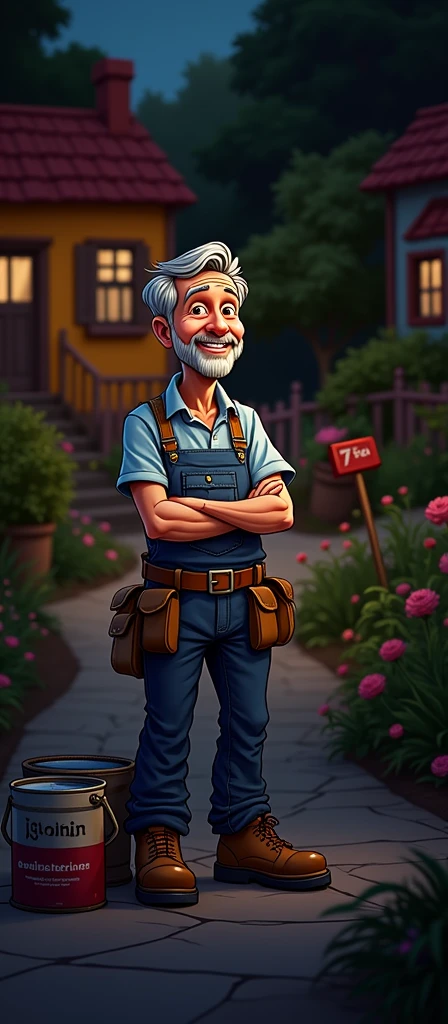 Cartoon of a friendly house painter with gray hair and overalls
