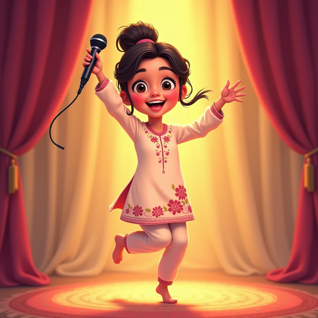 Lily, (highest quality, 4k, masterpiece:1.3), A young Pakistani Muslim girl wearing a traditional cream shalwar kameez with pink floral embroidery. Her hair is styled in a neat bun with loose strands framing her face, as seen in previous images. She is mid-jump, holding the microphone high with one hand, a big smile on her face. The image is in a 2D animation style, with bright colors, cartoonish features, and soft, smooth shading. The background shows soft curtains, warm stage lighting, and a playful, joyful atmosphere. Clear outlines, simple textures, and an illustrated, digital painting look. (Cream shalwar kameez, pink floral embroidery, consistent outfit:1.3), (same hairstyle as before:1.3), (microphone in hand:1.3), (microphone always visible:1.3)