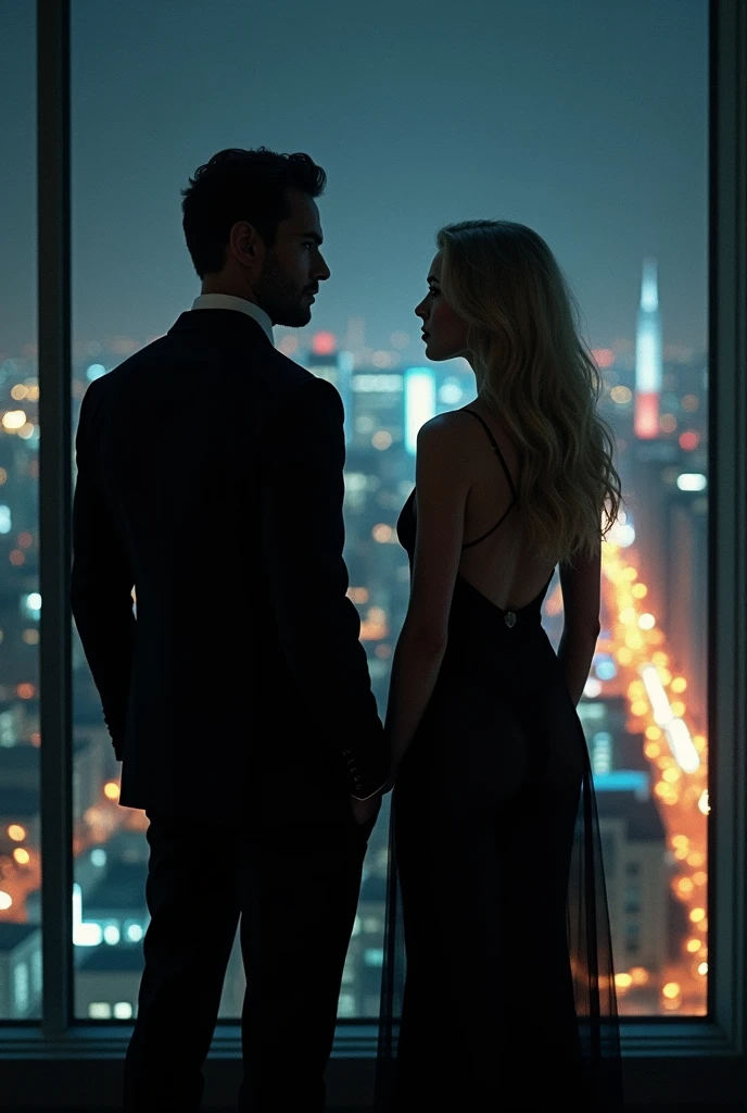 A man wearing a black suit, looking at a big city through the window at night. Next to him a woman with white skin and blond hair wearing black lingerie.