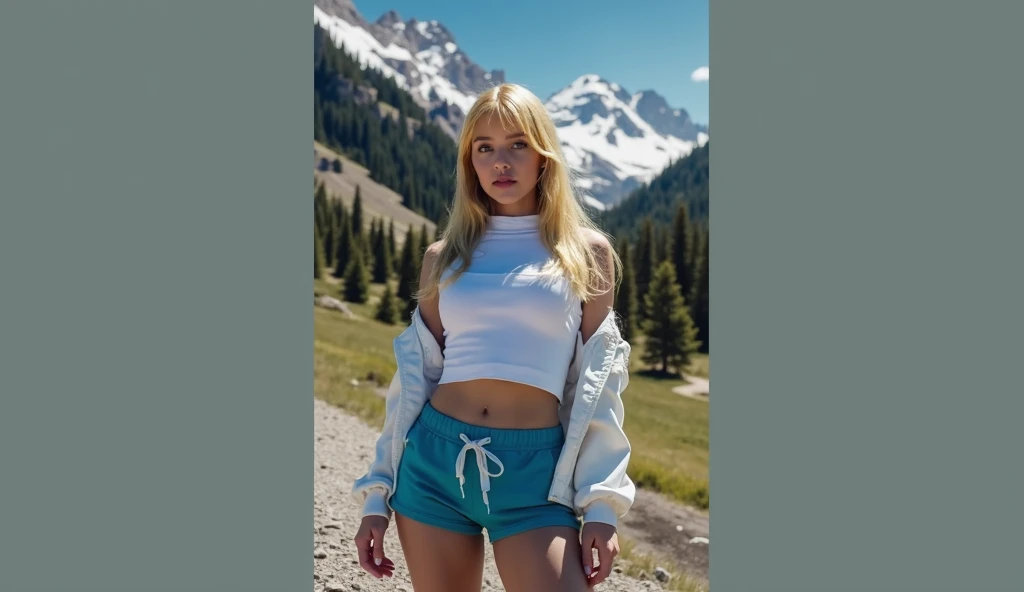 blonde girl in the mountains, 18k, photorealistic, in sportswear