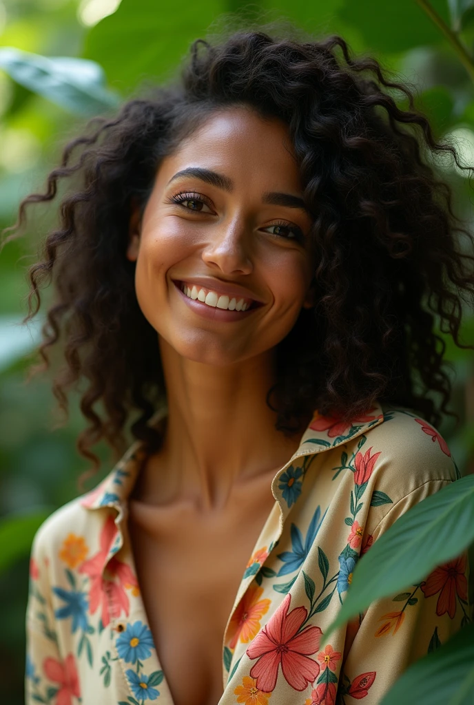 A Brazilian woman in a lush tropical garden, wearing an open shirt with a floral print, with a close-up capturing the harmonious beauty between her breasts and the natural flowers, showing off your natural charm and outgoing personality.