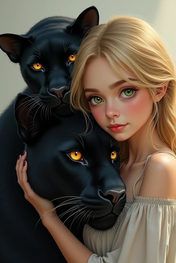 A blonde girl with green eyes with a black animal panther with brown eyes next to her 