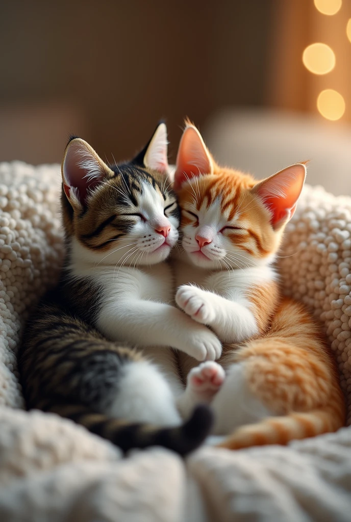 Two cats happily snuggling together form a heart shape.8k
