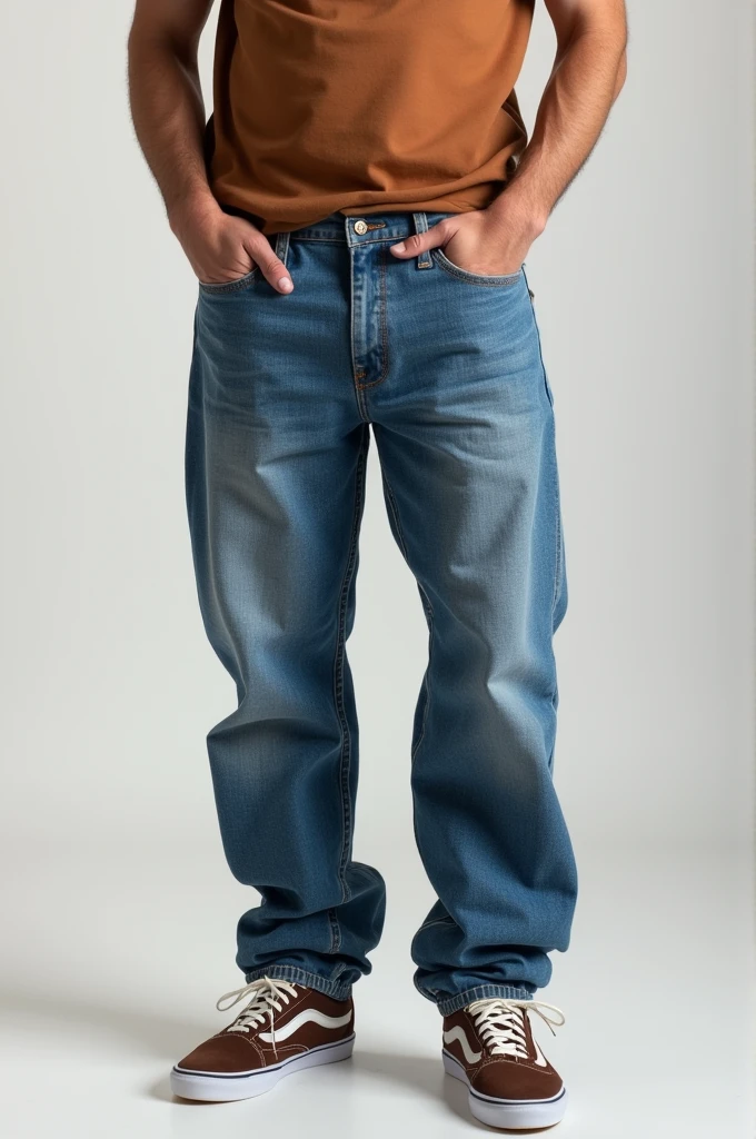 Create a man with bowed legs and wearing baggy jeans