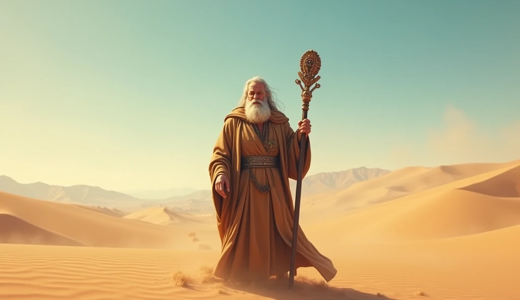 prophet man with a very big beard, and with a staff in his hand in the middle of the desert talking to God