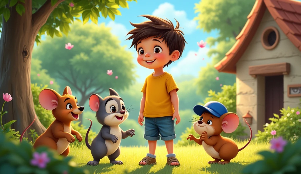 Illustrate the scene where Léo ((boy)) and Remy's (( mause)) wishes come true. Léo, still wearing his yellow shirt and blue shorts, is surrounded by friendly animals in the garden, all smiling and happy. Remy, with his blue hat, is settled in a cozy little house near a flowering tree, bathed in sunlight.