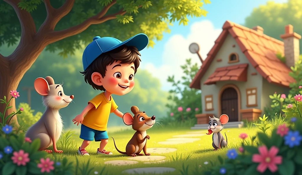Illustrate the scene where Léo ((boy)) and Remy's (( mause)) wishes come true. Léo, still wearing his yellow shirt and blue shorts, is surrounded by friendly animals in the garden, all smiling and happy. Remy, with his blue hat, is settled in a cozy little house near a flowering tree, bathed in sunlight.