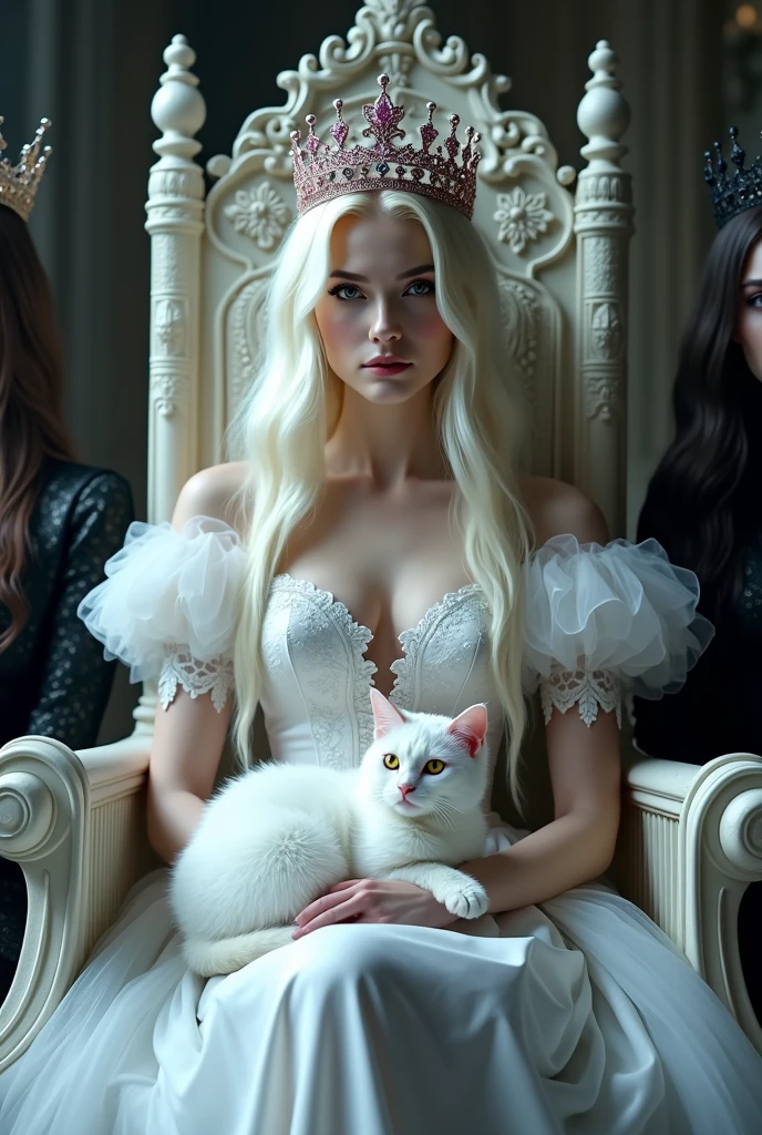 (full body shot:1.3) woman in a white dress sitting on a white coloured throne with a sparkling crown, white cat sitting in her lap,an elegant gothic princess, white gothic princess portrait, beautiful vampire female queen, her crown has pink sparkling cristals, gothic regal, dark goth queen with yellow eyes, light blonde long hair, medieval dark fantasy, sitting on white intricate throne, wearing a white gothic dress, beautiful elegant demon queen, lovely white winter princess, a beautiful fantasy empress, (beautiful white vampire queen. Black cat sitting on her lap). ((Holding hands) and sitting site by site with a (full body shot:1.3) woman in a black dress sitting on a throne with a crown with blue blue sparkling cristals , an elegant gothic princess, (gothic princess portrait, beautiful dark vampire female queen, white cat on her lap), gothic regal, dark goth queen with yellow eyes, black long hair, medieval dark fantasy, sitting on intricate throne, wearing a gothic dress, beautiful elegant demon queen, lovely dark autumn princess, a beautiful fantasy empress, beautiful vampire queen. White cat sitting on her lap. ARRI ALEXA 65, 50mm lens, dynamic lighting