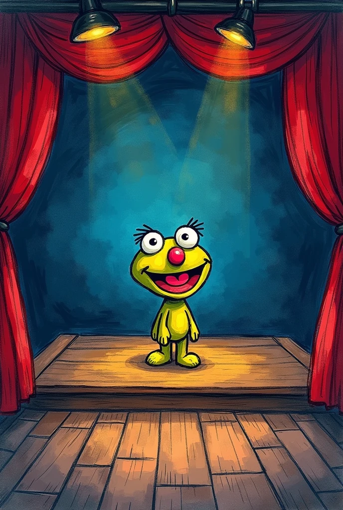 Could you create a stage for a muppet style drawn on paper by a child with a dark background and a presentation bar that divides half the screen as a news presenter without the character in tik tok format please 