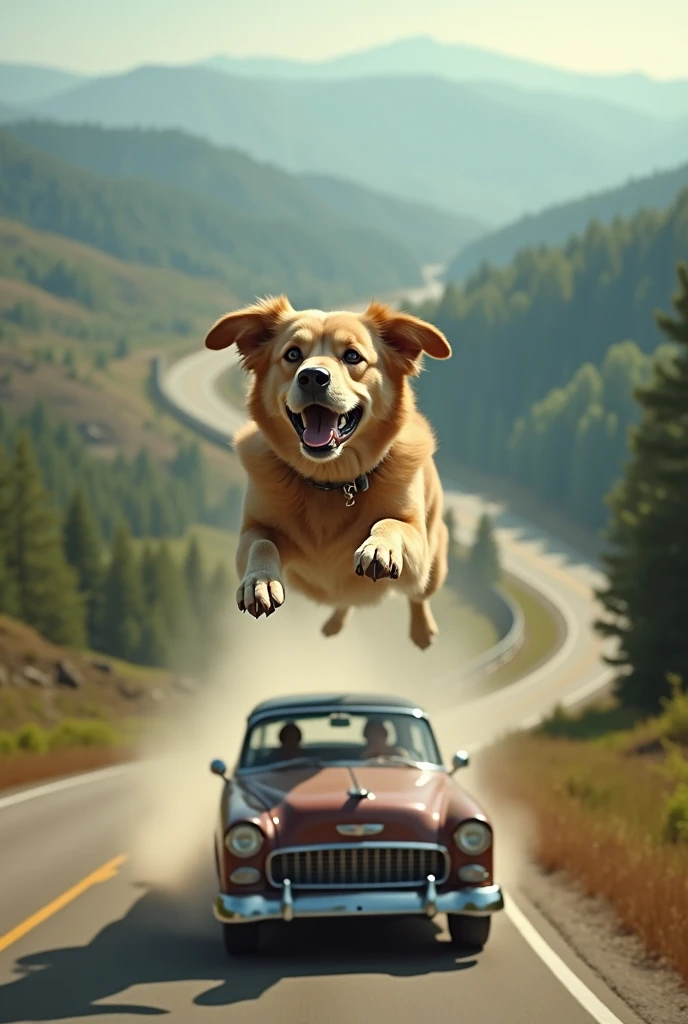 A dog flying with a car 