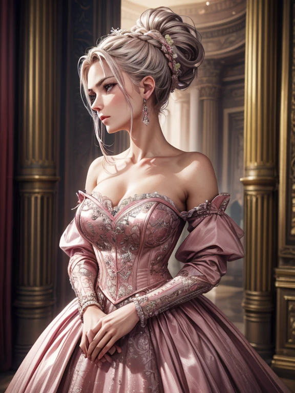 Woman, serious, warrior, armour, elegant, pink dress, aristocratic, silver elements, long nails, bare shoulders, hairstyle, hair up, braid and ponytail, messy, arrogant, absurd, detailed dress, royalty, celebration, hall decorated with flowers, cowboy shot, portrait, (best quality), (masterpiece), (highly detailed), (4k)