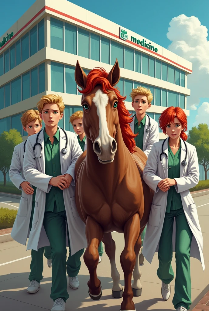 ((Best quality)), ((masterpiece)), (detailed), close-вверх person, Five young cheerful doctors in medical gowns desperately push an old very thin dirty horse, leaning on the horse&#39;s croup, towards a multi-story modern building of a clinic with an inscription "EURO MEDICINE".   
 The doctors - girls and boys - have stethoscopes around their necks, red or blond hair, green eyes (fantasy art:1.3), highly detailed face, Beautiful illustration, (portrait composition:1.3) a high resolution, masterpiece