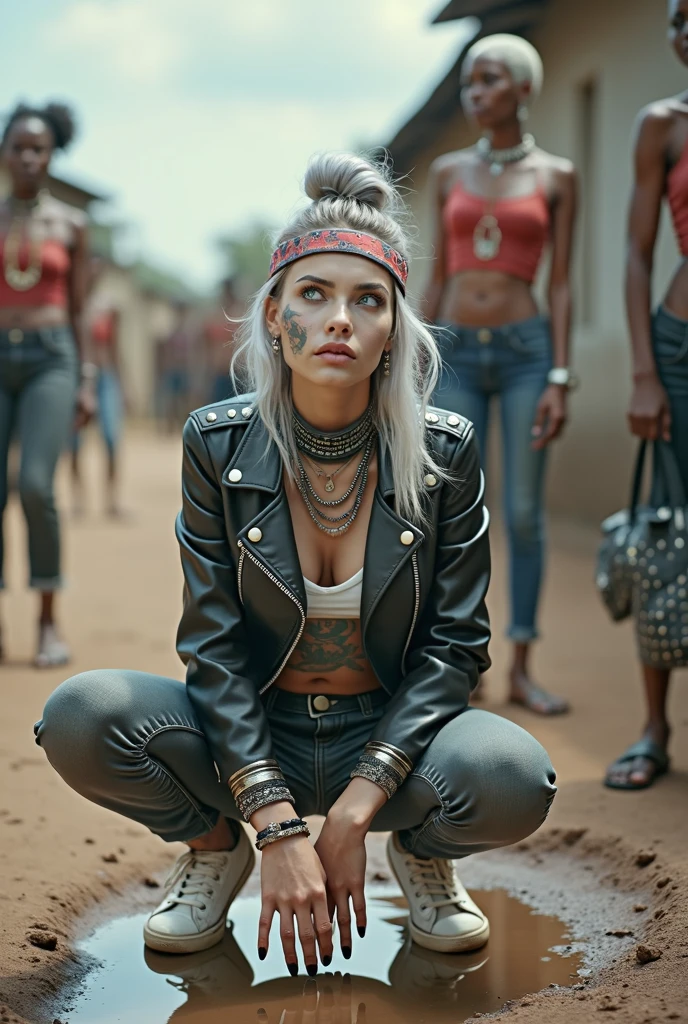 russian milf woman, grey  hair (top bun, shaved sides), colourful bandana as headband, with very light blue eyes, extremely pale skin. Wearing cropped aged black moto jacket with lots of zippers and pins, flipped up collar. Worn skinny dark low rise blue jeans with patches, wet knees. Black and red tight push up bra, Dirty White tennis sneakers, with bracelets around ankles. Chain around hips like belts. Dirty knees, dirty feet and muddy hands. Wide studded belt. Lots of metallic bracelets, lots of boho pendants and lots of colourful beads collars. Long huge boho. Chains around the hips. Squatting on a puddle with hands on her hips, looking up, chin up, stretching her neck , humble facial expression. Bracelets in ankles and rings in fingers. Black nail polish. studded black leather tote bag with chain on the floor, next to her.. Listening looking up in amazement to somebody speaking to her from the sky, upper teeth visible. Well toned abdominals, thin neck, slim legs and thin arms. Narrow hips Cleavage, stomach, neck, tigh and hands completely covered with tattoos. Dirt street in Kenyan village full of waste. A lot of tanned fat women  in traditional dresses around looking at her. next to her, all her belongings scattered on the floor: tobacco packs, makeup kit, little makeup mirror, studded black leather tote bag, lipstick, wallet, moble etc on the floor, point of view; from above
