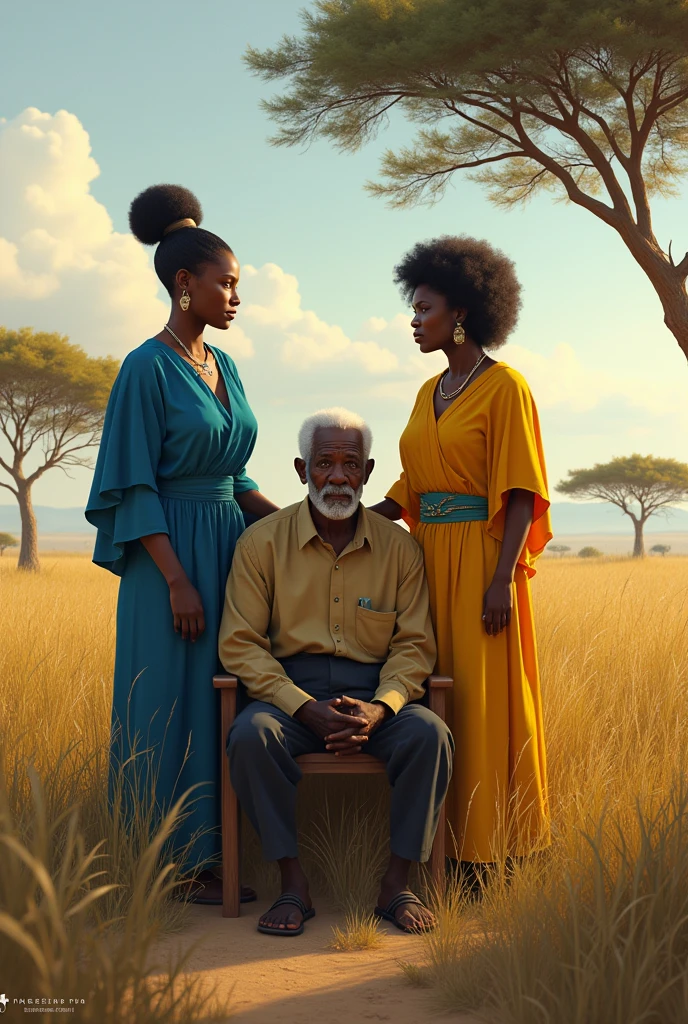 Old black man dressed in white sitting, black woman dressed in blue, black woman dressed in yellow in a savannah