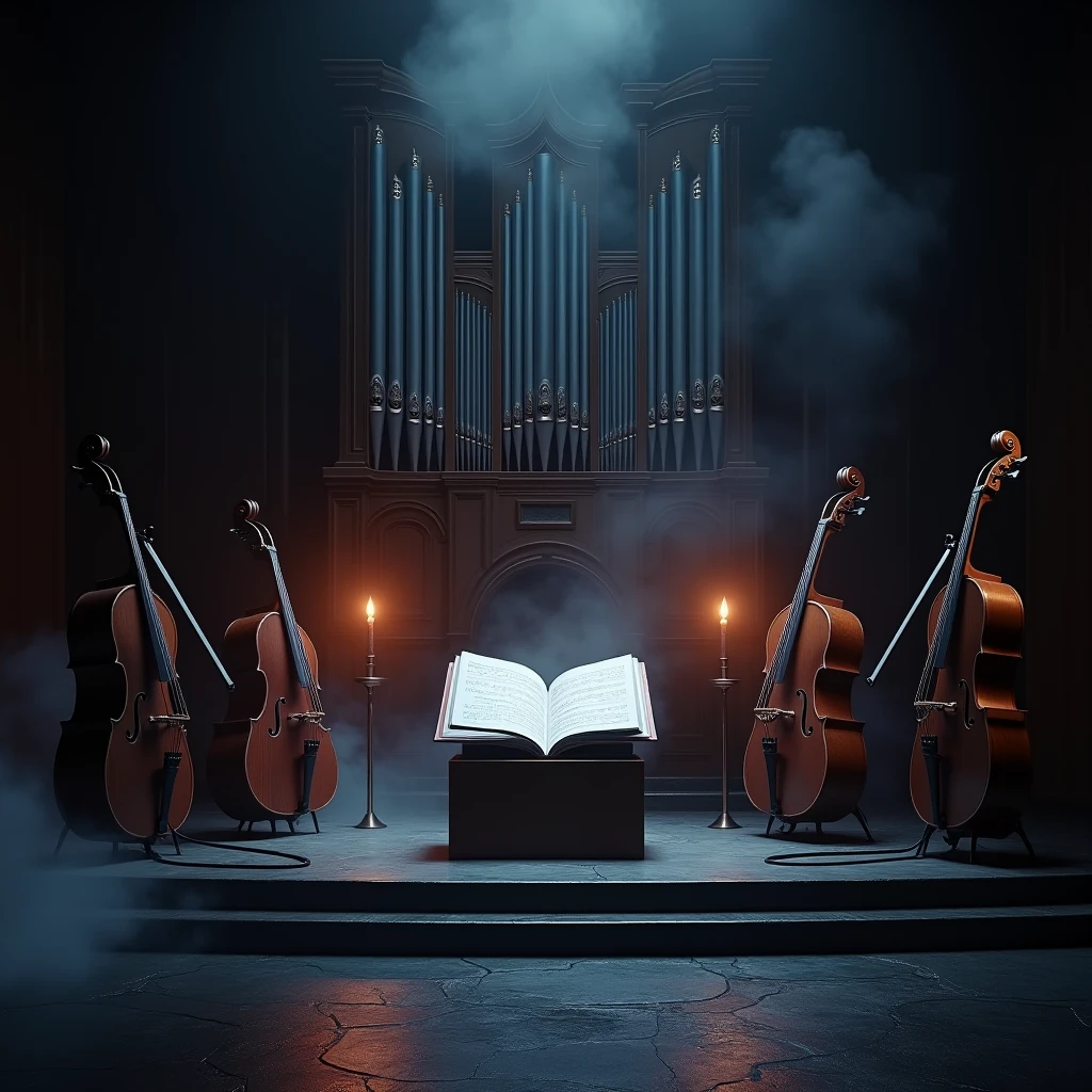 A dark stage with a large church organ in the background, surrounded by musical instruments such as violins, violonchelos, trumpets and electric guitars. The organ is covered with lighted candles, and there is smoke and fog rising from the ground, creating a mysterious and dramatic atmosphere. Changing colored lights illuminate the scene, casting shadows and reflections on the instruments. In the middle, A large open book displays musical scores, as if the music was alive and floating in the air, but does not contain people in the image