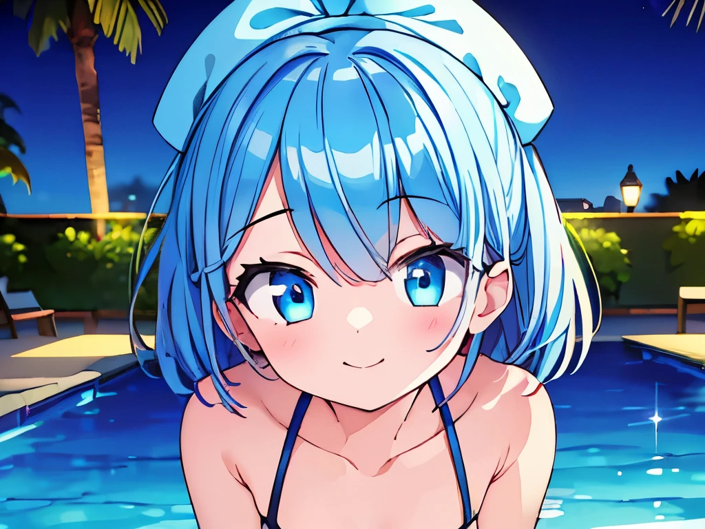 ((masterpiece)), ((best quality)), (ultra-detailed), pool, night, a cute girl, 1girl, solo, bikini, ((beautiful eyes)), smile, beautiful blue hair