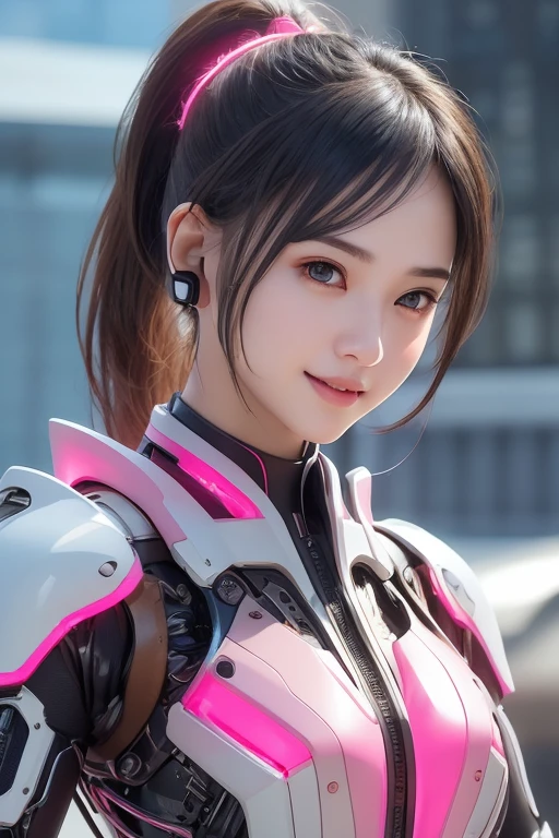 Top Quality, Masterpiece, Ultra High Resolution, (Photorealistic: 1.4), Raw Photo, 1 Girl, Black Hair, Glossy Skin, 1 Mechanical Girl, (((Ultra Realistic Details)), Portrait, Global Illumination, Shadows, Octane Rendering, 8K, Ultra Sharp, Intricate Ornaments Details, realistic skin, sweat effect, ((wearing Headphone)), very intricate detail, realistic light, CGSoation trend, brown eyes, glowing eyes, pink mechanical bodysuit, Long hair, black hair, Ponytail hair, full body shot, spaceship bridge background, dynamic pose, cute smile, close up,