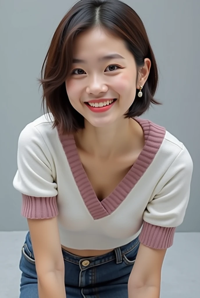 ((Highest quality, 8k, Portraiture: 1.3)), (Viewer Display), Photographic realism, Sharp focus, alone, A very beautiful Japanese office lady、Denim mini skirt、（Dark pink V-neck sweater、Deep neckline）White bra、evil grin、smiling at viewer、short hair、Gray background、(Leaning forward:1.8)、Front Light、(((Lift up your shirt、Showing off your bra)))、