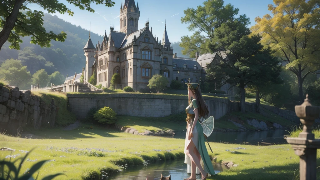 Highest quality、Transparent drawing、Girl standing in a Celtic castle by a lake。Celtic mythological priestess in long dress、House of Taiki、There are fairies flying around、