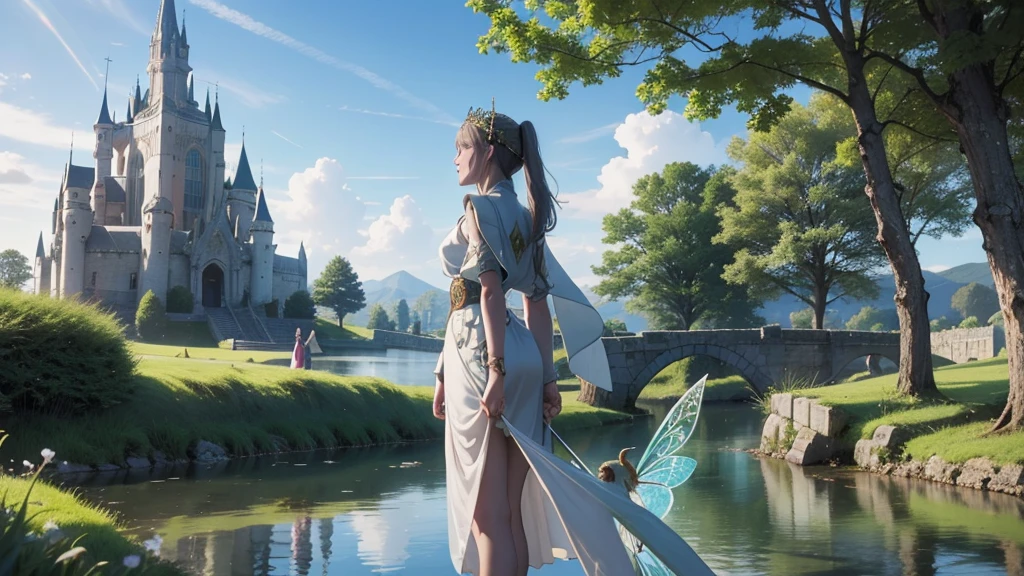 Highest quality、Transparent drawing、Girl standing in a Celtic castle by a lake。Celtic mythological priestess in long dress、House of Taiki、There are fairies flying around、