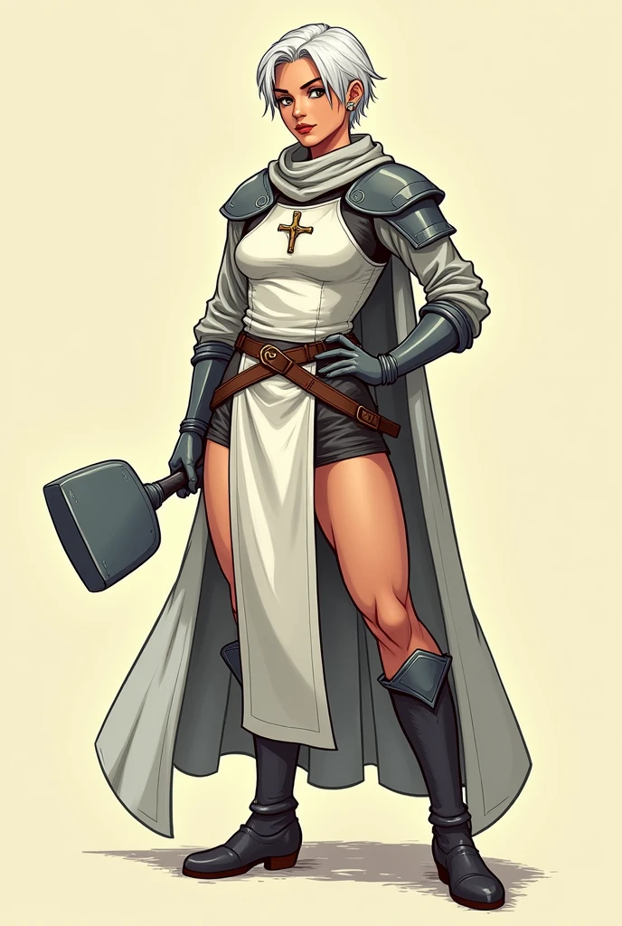 Create a female cleric, aged 24 to 26, with short white hair, in the style of classic comic books. She should have a mature yet youthful appearance with defined, realistic proportions. Emphasize a strong, athletic build rather than a slim or overly delicate frame. Her features should reflect maturity and confidence. She wears stylized light armor with bold outlines and minimal detailing, and holds a simple iron mace. Use strong, clean lines and flat colors typical of traditional comic book art to convey her strength and authority without making her look too youthfu