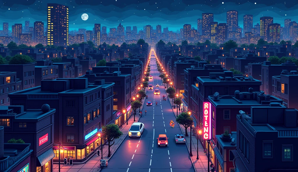 pixel art, night, city street map
