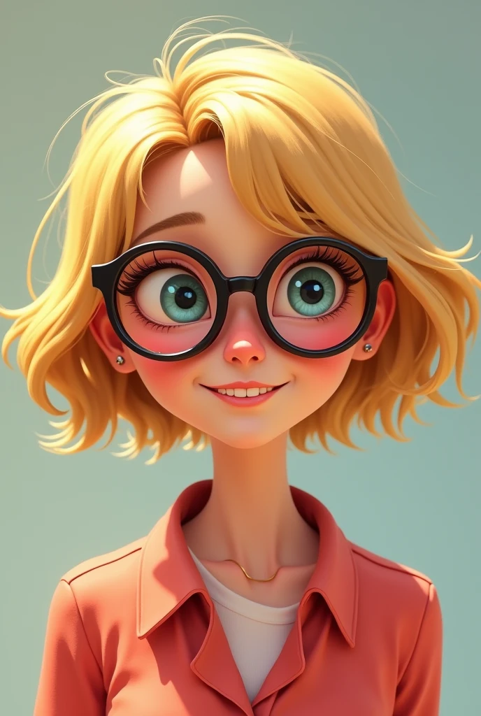 Pixar style short haired blonde woman wearing glasses, a little crazy