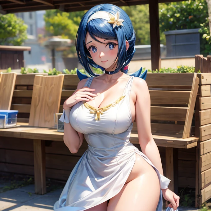 ((Лучшее качество)), ((шедевр)), (подробный), Naked anime girl with big breasts blue hair with nipples and genitals standing on a rock