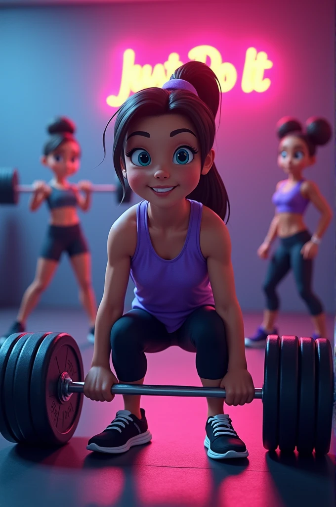 Disney-style poster with a girl in the gym, combed with ponytail dark brown hair and straight, Purple sleeved blouse and black sports leggings, black tennis shoes, doing deadlifts with a barbell in your hands, In the background you can see two girls exercising, dumbbells and a neon sign that says Just do it