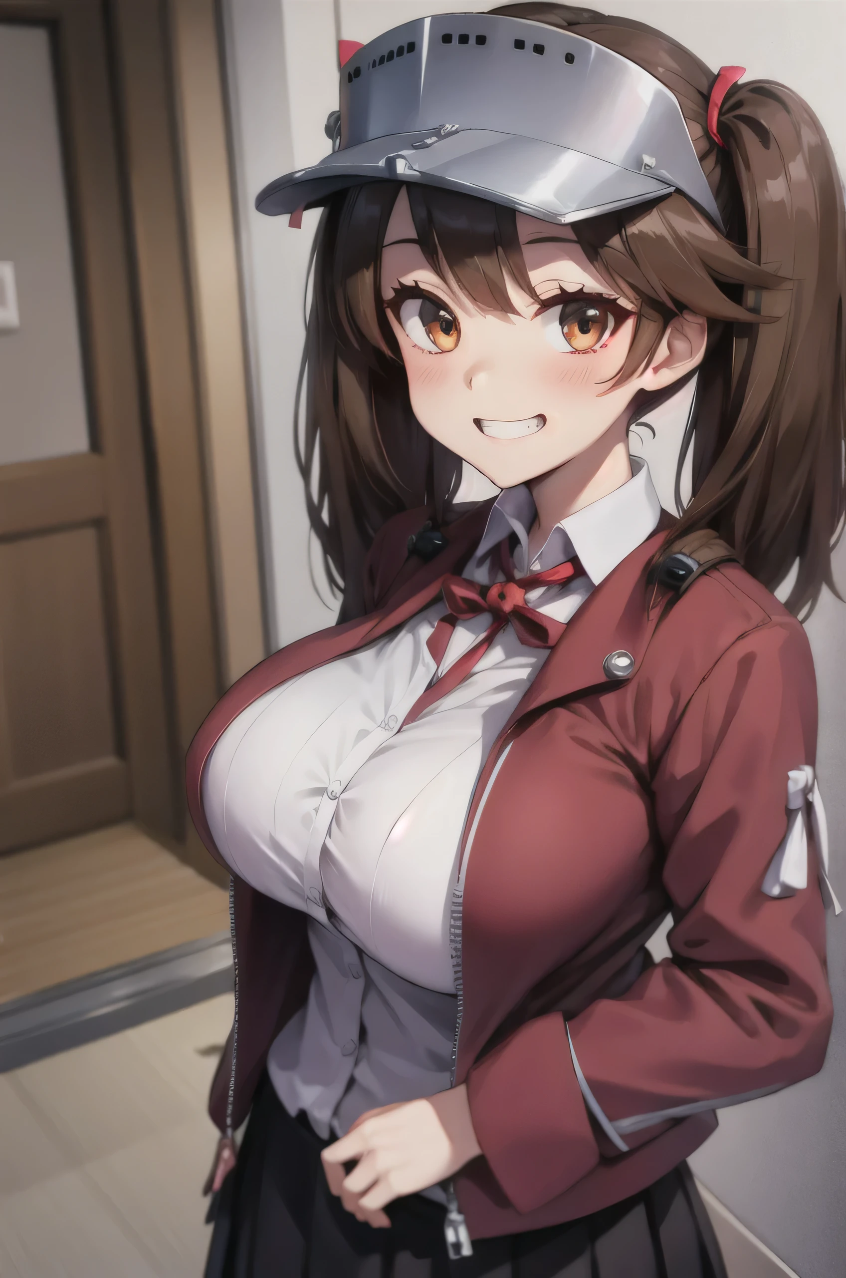 Highest quality, masterpiece, High resolution, alone, {Ryujo_Fleet Collection:1.15}, brown_hair, Twin tails, brown_eye, mag de ama, visor_cap, His posts, length_hair, smile,blush, One person, Japanese_Clothes, Red Jacket Scroll, shikigami, skirt, Grin, pleed_skirt,(Huge breasts:1.4)、Clothesが透ける