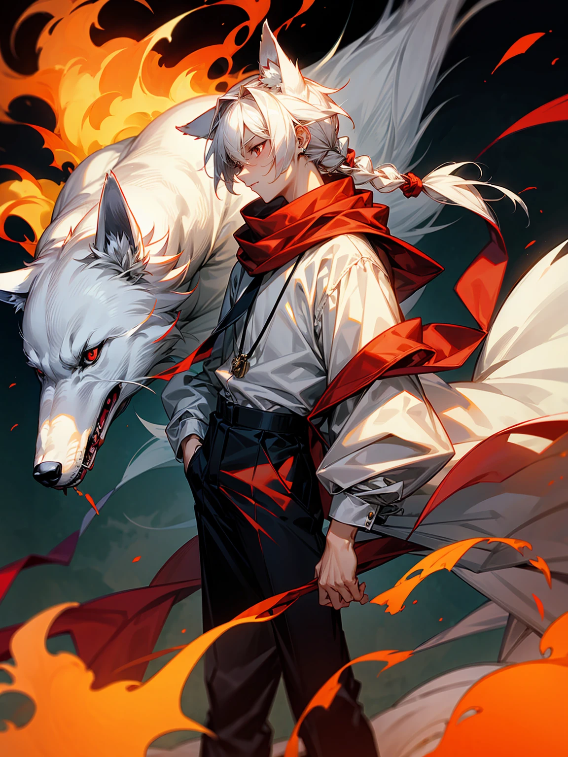1male, Adult, Long White Hair, White Baggy Long Sleeve Shirt, Baggy Black Pants, Red Eyes, Red Scarf, Earring, Masculine, Dog Ears, Surrounded By Flames, Wolf, Single Hair Braid