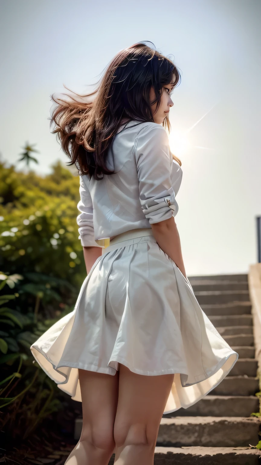 (Climbing the stairs:1.2、Carry a backpack、Stick your butt out)、((White blouse、(Wearing a long skirt:1.3))、(Rear View、View from directly below)、(Realistic、Like a photograph、Live Action、8k, Realistic, RAW Photos, Best image quality: 1.4), Single-lens reflex camera、RAW Photos, Highest quality, Realistic, Highly detailed CG Unity 8k wallpaper, Written boundary depth, Cinematic Light, Lens flare, Ray Tracing, Realistic background、((ultra high density skin))、 after school、(whole body:1.5)、Long Hair 1.2、Hair blowing in the wind:1.4)、I like that style、stylish、Very detailed、Pay attention to the details、Perfect outfit、(Sunburned skin)、Rear View、Accurate hands、Accurate legs、Detailed hands and fingers、Anatomically correct body、Thin legs、Thin thighs、Small breasts、Very detailedな顔