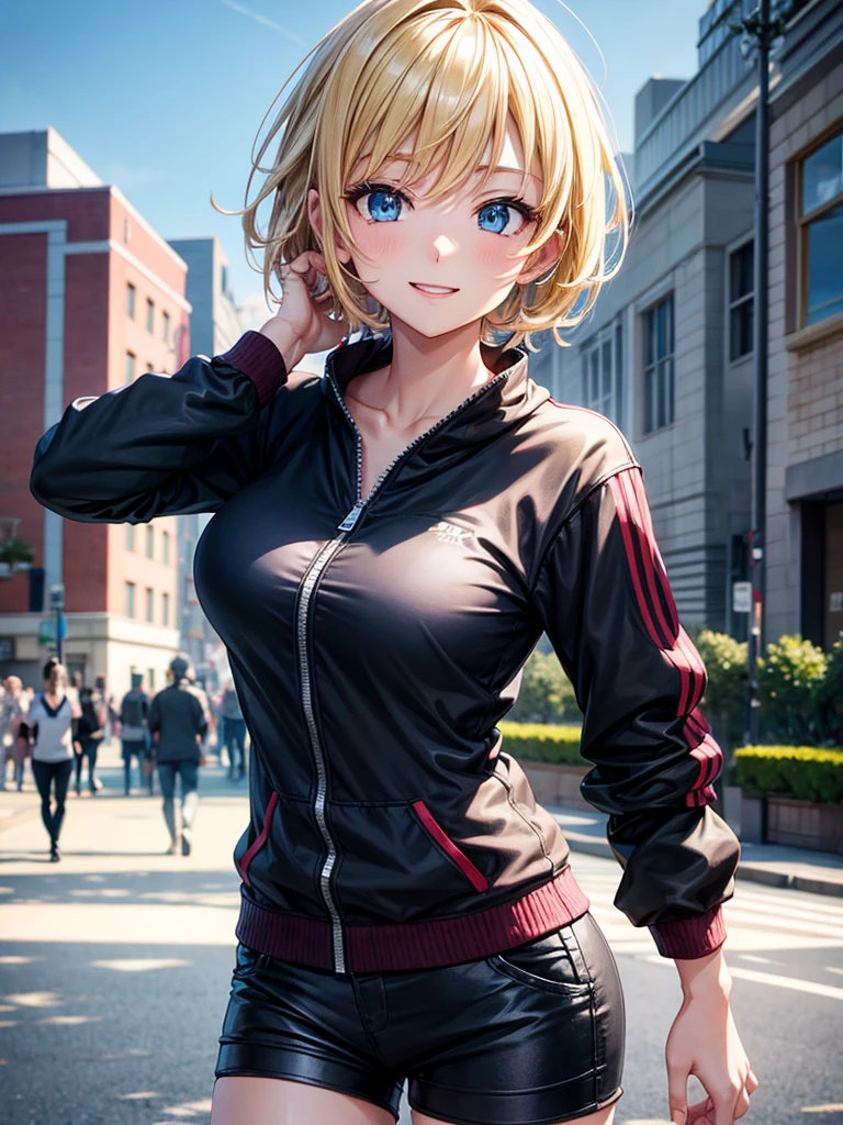 Anime style, super fine illustration, highly detailed, beautiful detailed, super high quality image, static representation, gentle expression, happy expression, the pretty image, the handsam portrait, a perfect style woman, 8k, pretty 1girl with blonde straight short hair & blue eyes & a bright smile & big breasts & soft fair skin is wearing the black skportswear & sportshorts & black sportsjaket in the park, on the street, in the morning, happy stories, solo, perfect fingers, perfect arms, perfect legs, masterpiece.