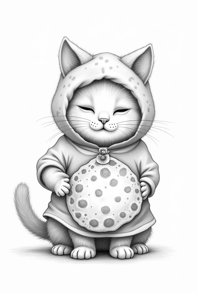 Draw a cat in pencil drawing style, dressed as a pupusa