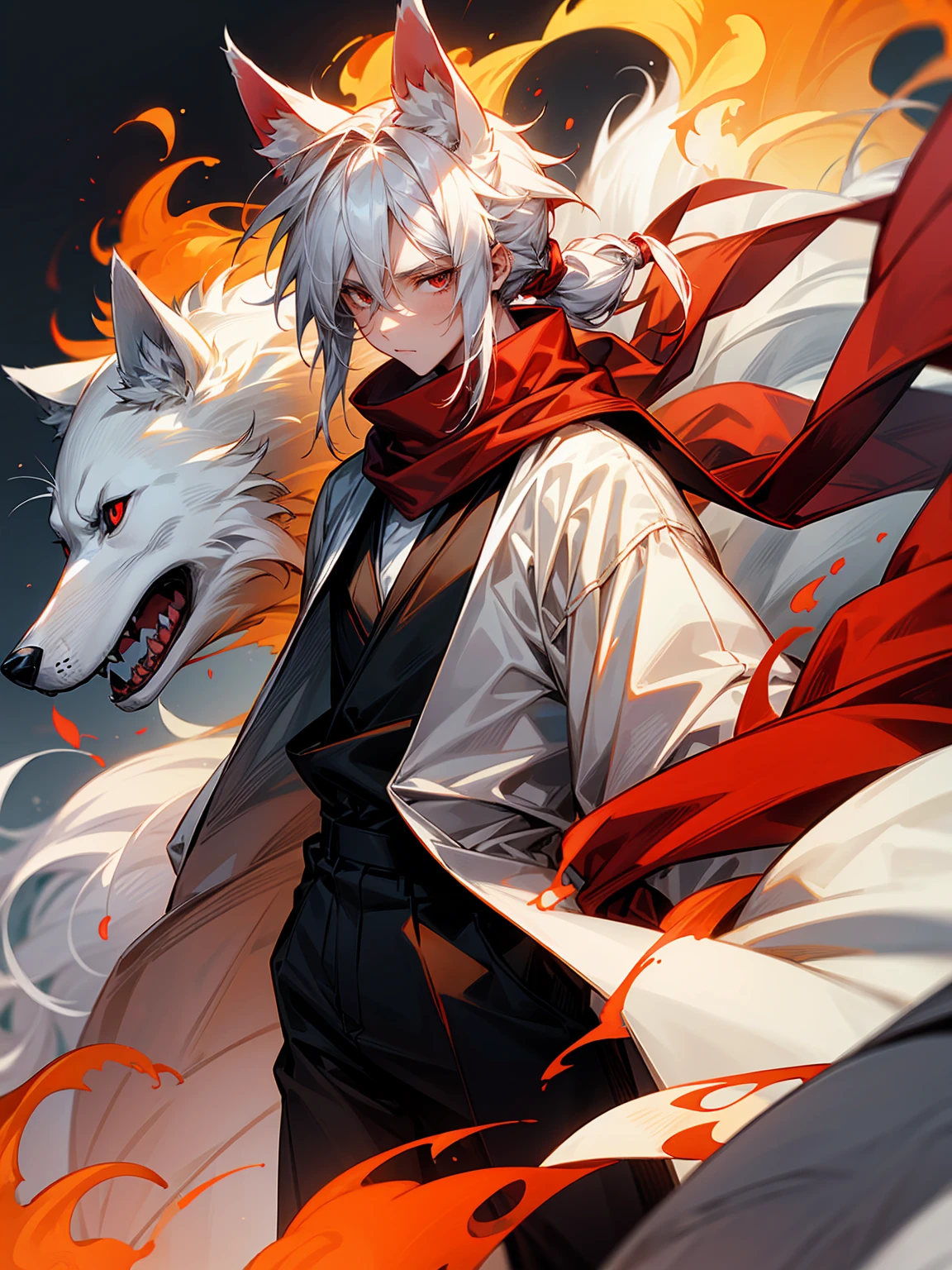 1male, Adult, Long White Hair, White Baggy Long Sleeve Shirt, Baggy Black Pants, Red Eyes, Red Scarf, Earring, Masculine, Dog Ears, Surrounded By Flames, Wolf, Single Hair Braid