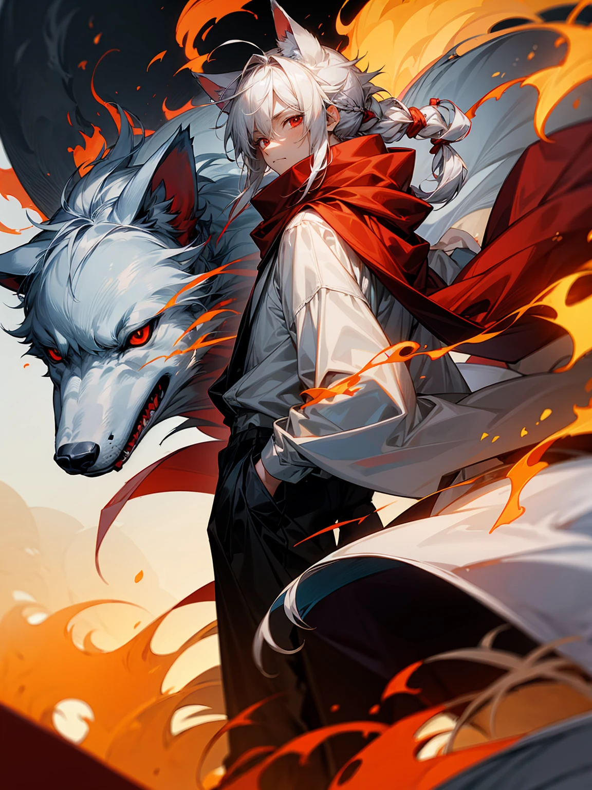 1male, Adult, Long White Hair, White Baggy Long Sleeve Shirt, Baggy Black Pants, Red Eyes, Red Scarf, Earring, Masculine, Dog Ears, Surrounded By Flames, Wolf, Single Hair Braid