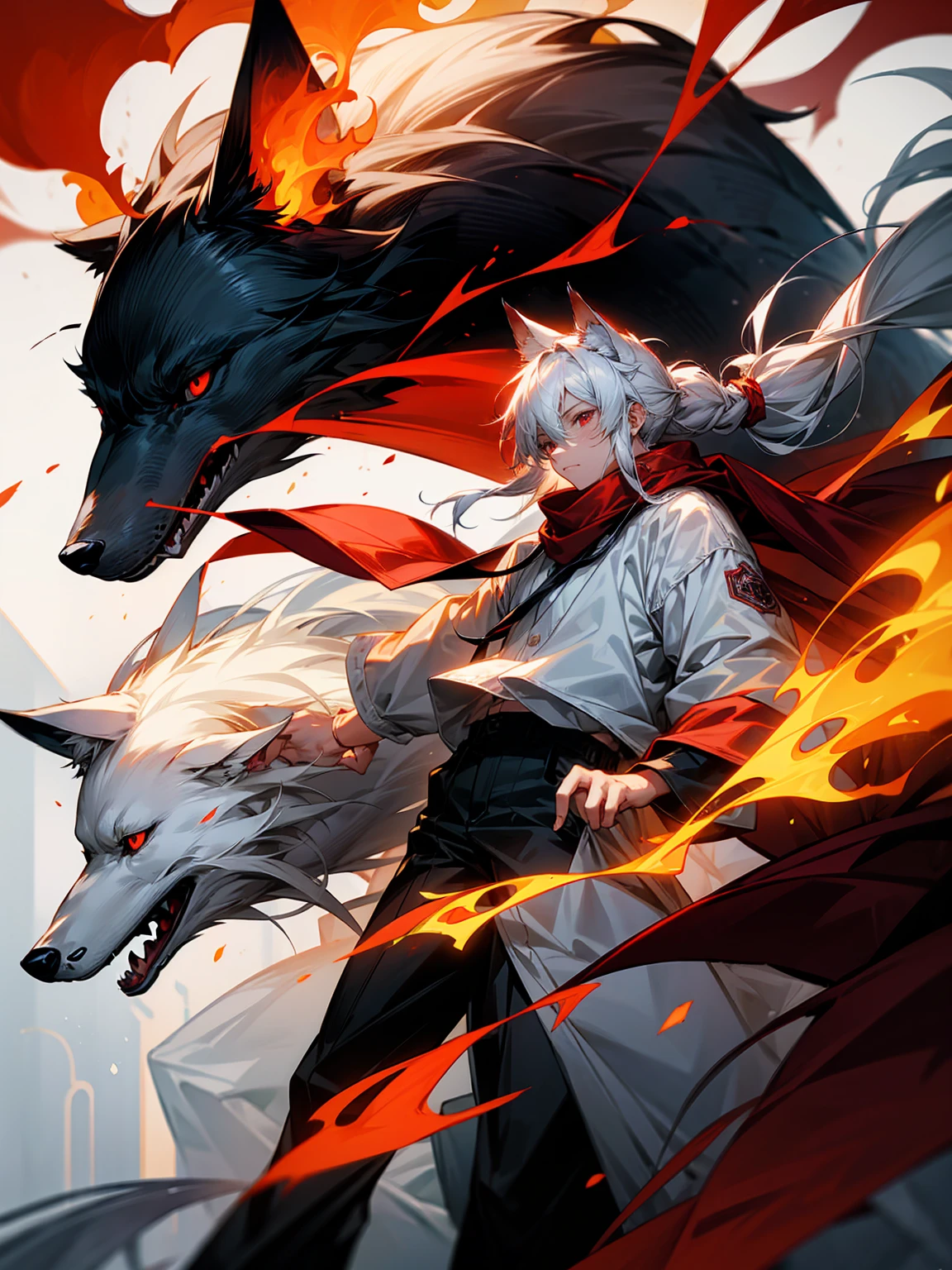 1male, Adult, Long White Hair, White Baggy Long Sleeve Shirt, Baggy Black Pants, Red Eyes, Red Scarf, Earring, Masculine, Dog Ears, Surrounded By Flames, Wolf, Single Hair Braid