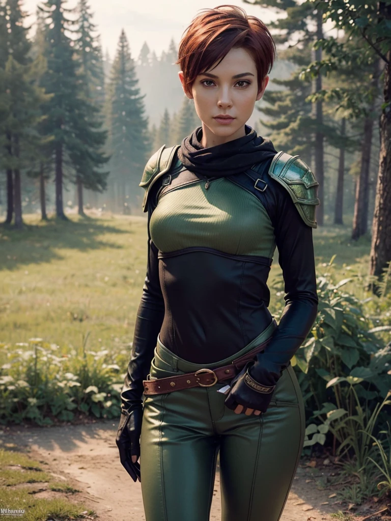 slim feminine figure, redhead, best quality, realistic skin texture, photography, film grain texture and high contrast, extremely high-resolution details, photographic, photorealistic, hyper-realistic, HDR, masterpiece, ((short pixie hair)), slim waist, dressed up as a night elf hunter from world of warcraft, full green highly decorated hunter armor, a green lust forest in the background, brown pants, brown gloves, (((slim waist)))