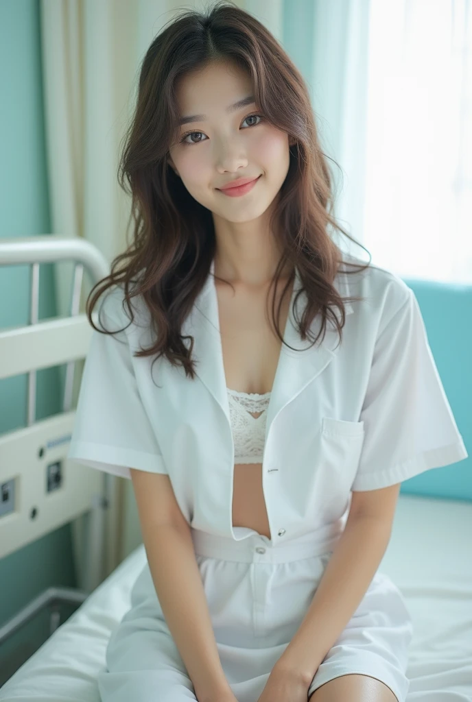 RAW Photos、、nurse、White nurse uniform、Japanese women、Natural Makeup、light makeup、Cute teen、smile、Shynesl bed、Chest only、Skirt to underwear、Delicate lace underwear、Spread your legs、官能的なsmile、Wet、See-through