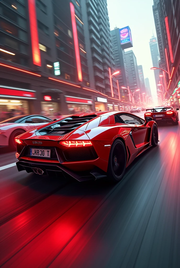 A scene of sports cars in a rally, red ambient lighting, blur of cars racing through the city in the race but showing the side of the cars, I want cars like Lamborghini, Pagani, porsche, bugatti, ferrari, Koenigsegg and McLaren. Image with dimensions 512 x 800