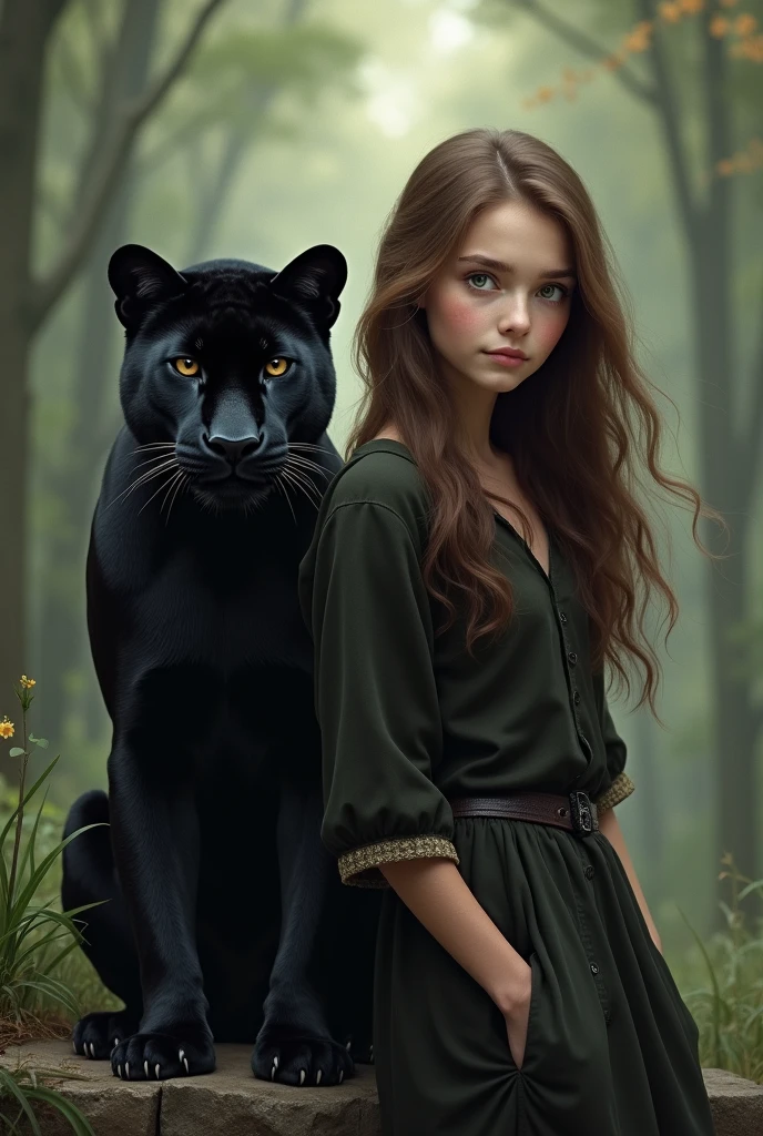 A brown-haired girl with green eyes with a black animal panther with brown eyes next to her