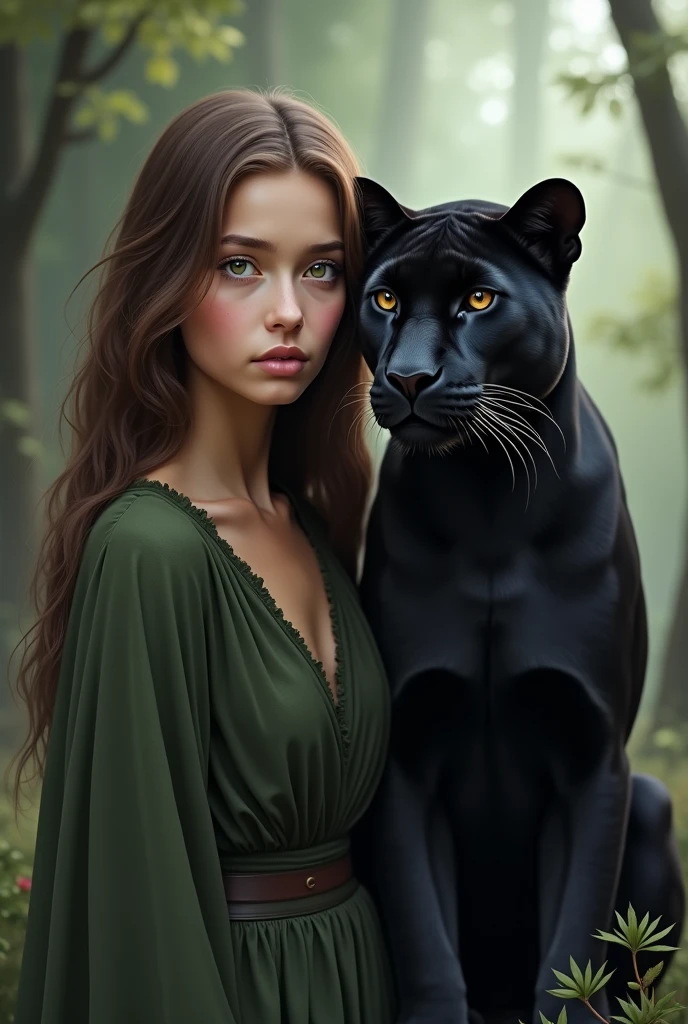 A brown-haired girl with green eyes with a black animal panther with brown eyes next to her