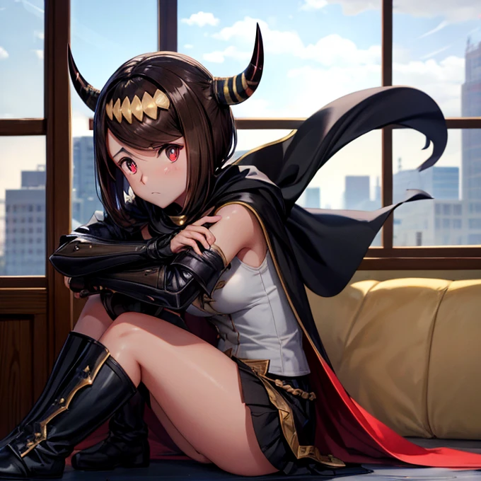 black Horn, armor, library, Red eyes, Horn, Cape, skirt, Knee-high boots, Brown Hair, window, gone crazy, Frowning