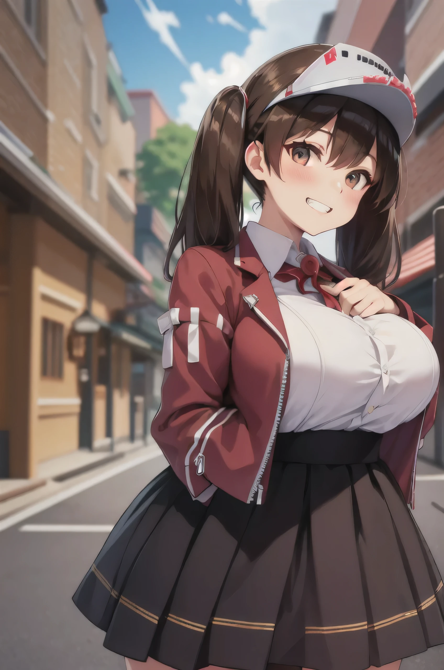 Highest quality, masterpiece, High resolution, alone, {Ryujo_Fleet Collection:1.15}, brown_hair, Twin tails, brown_eye, mag de ama, visor_cap, His posts, length_hair, smile,blush, One person, Japanese_Clothes, Red Jacket Scroll, shikigami, skirt, Grin, pleed_skirt,(Huge breasts:1.4)、Clothesが透ける