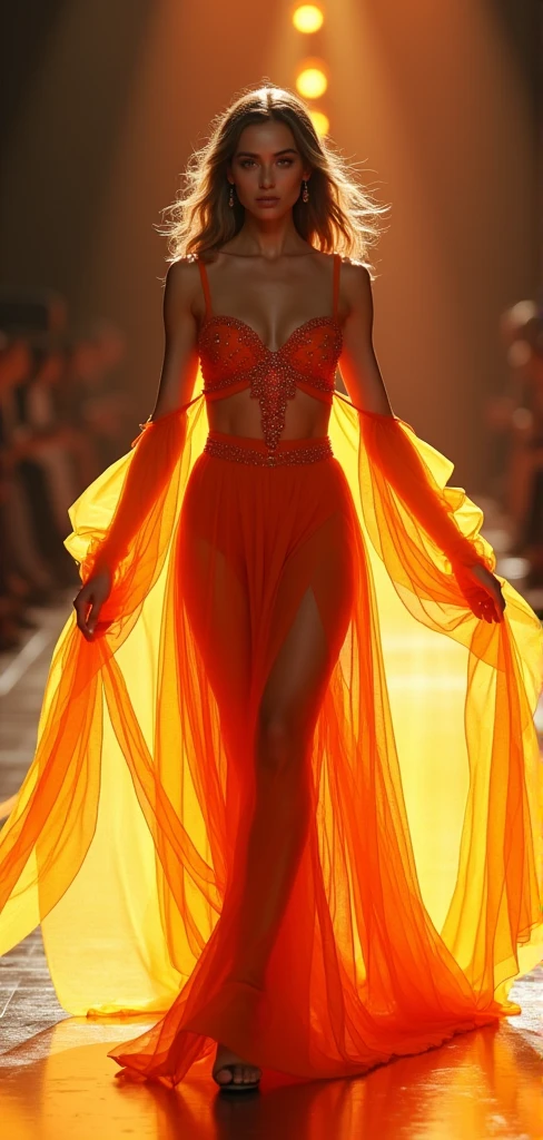 ((masterpiece, highest quality, Highest image quality, High resolution, photorealistic, Raw photo, 8K)), ((Extremely detailed CG unified 8k wallpaper)), (huge stunning goddess shot, very hot and sexy, jaw-dropping beauty, perfect proportions, beautiful body, slim body beauty:1.4), A top model walks down the runway wearing a dress with a phoenix motif, a gradation of vermilion and yellow, arms outstretched as if spreading wings, a fluttering thin and light sheer dress like a flickering flame,