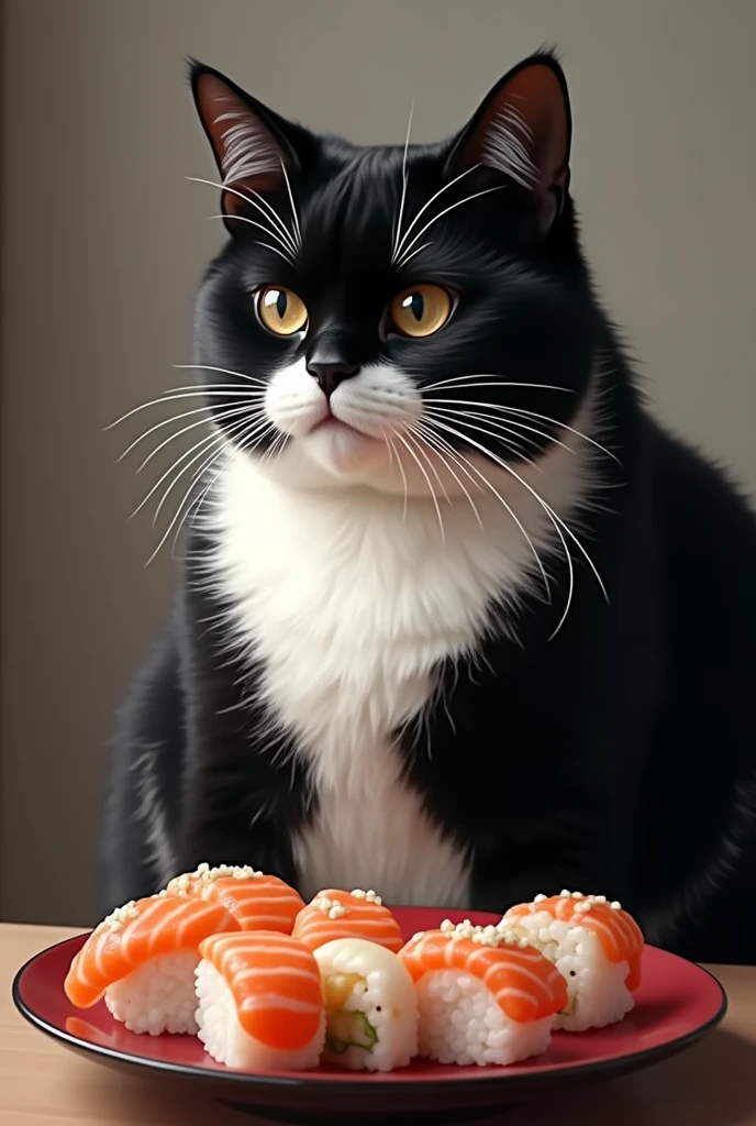 black and white tuxedo cat eating sushi, fat cat