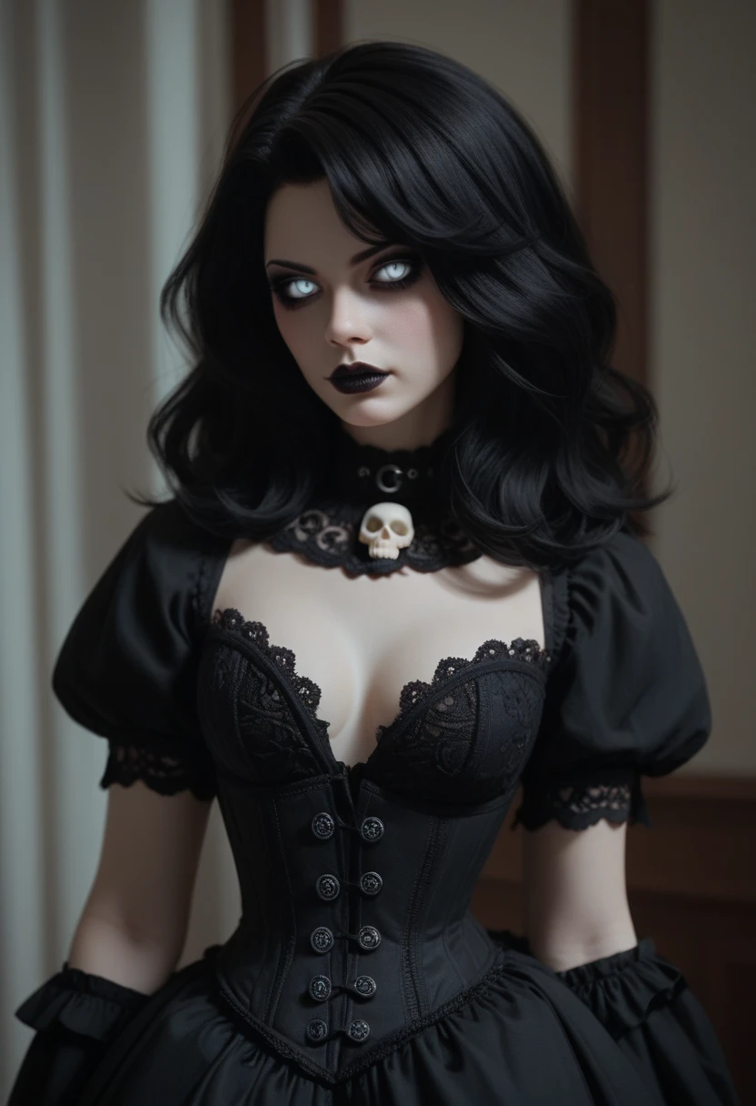 gothic girl, dark makeup, white eyes, long black hair, black lace dress, sin collar, corset with small skull buttons, Wicca sexy. Gothic style, beautiful necromancers
