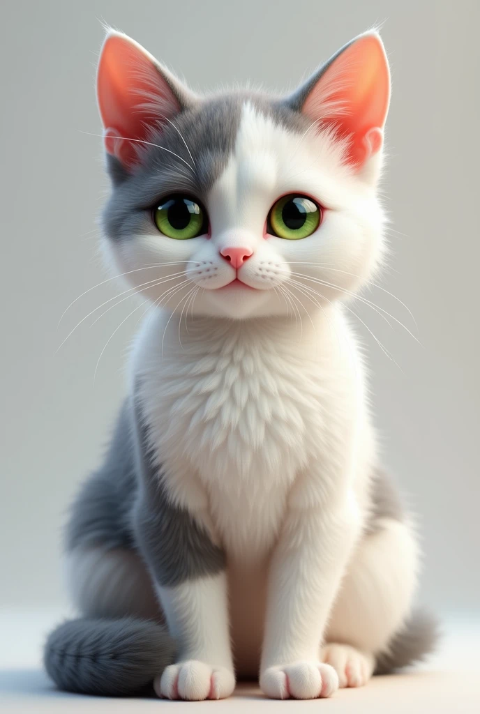White and gray cat with ears, back and tail lead Make it with more gray With green eyes and fatter