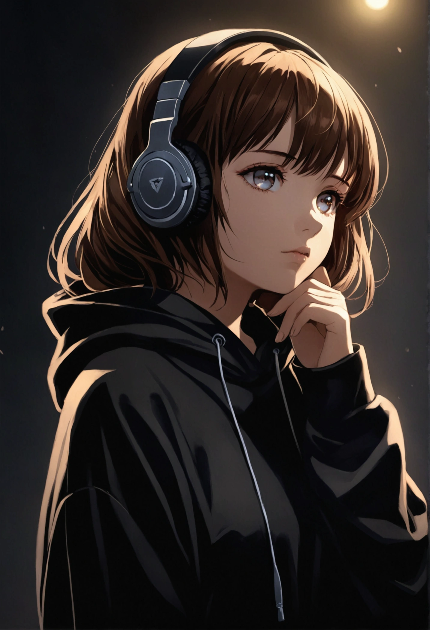 a brown haired anime girl with headphones and a black hoodie, thoughtful expression, detailed facial features, beautiful eyes, elegant pose, moody lighting, digital painting, cinematic, dramatic colors, dramatic lighting